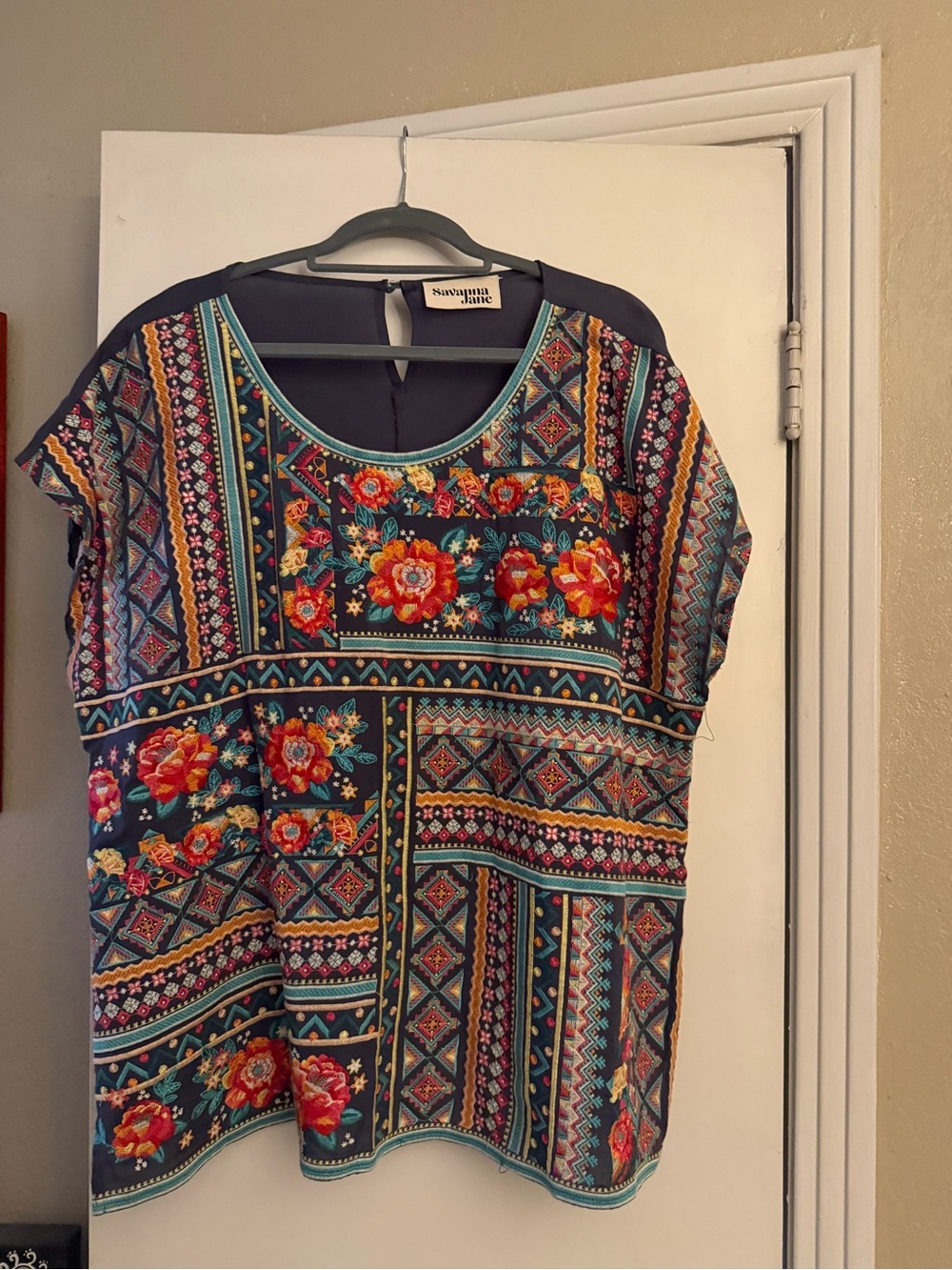 Savanna Jane Navy Floral & Geometric Short Sleeve Top with Red Accents